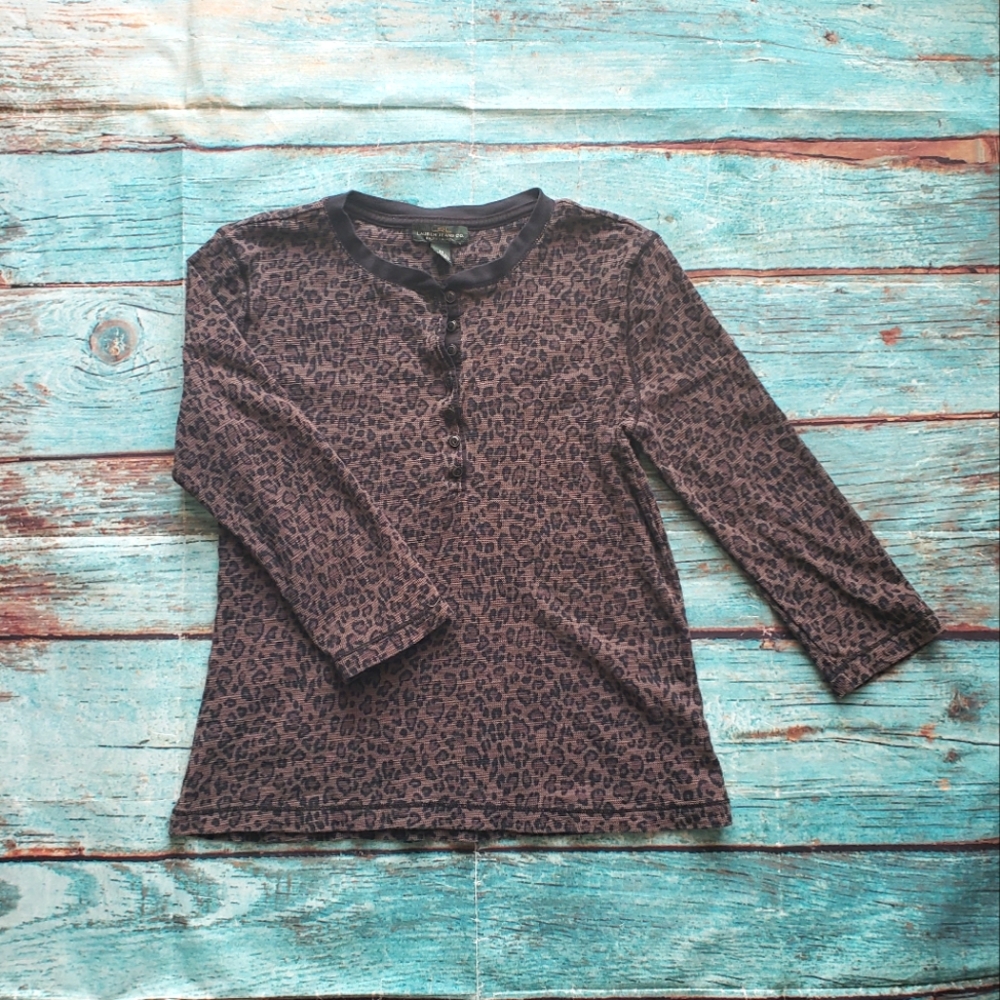 Lauren Ralph Lauren Gray Black Leopard Print 3/4 Sleeve Top Size Medium